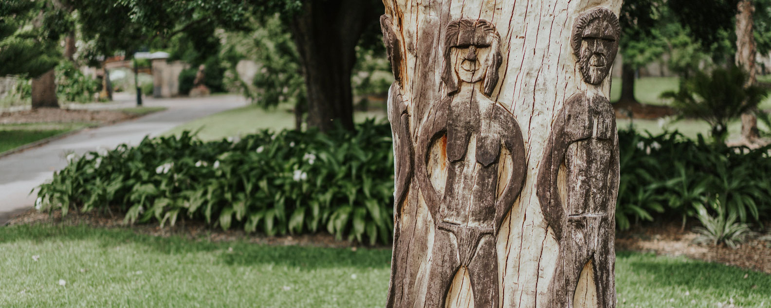 Tree Stump with First Nations men carved on it by First Nations sculptor Glen Timbery in the Royal Botanic Garden Sydney.