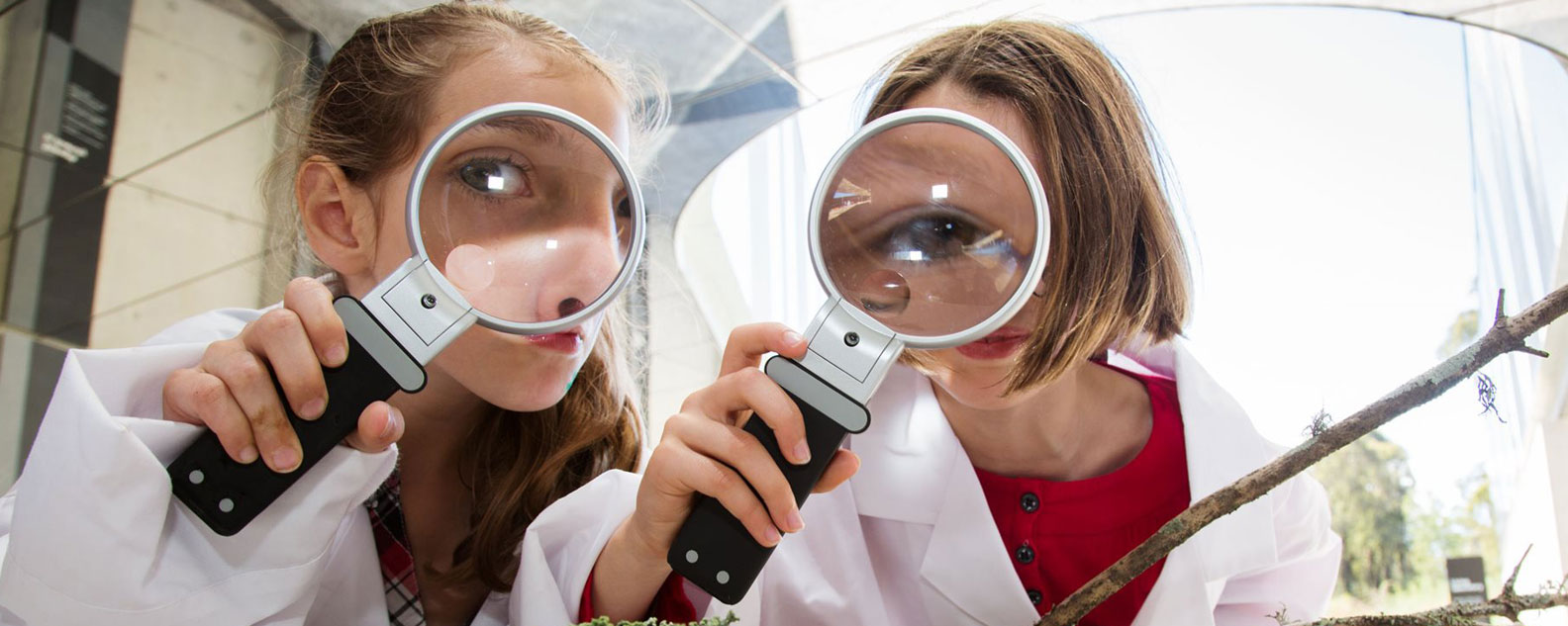 Two students with magnifying glasses held up to their eyes