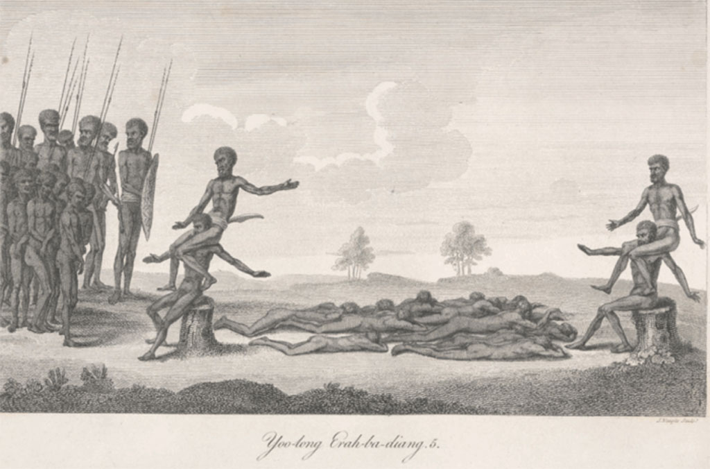 Drawing by Thomas Watling depicting the Aboriginal Dog Dance at Mrs Macquaries Chair