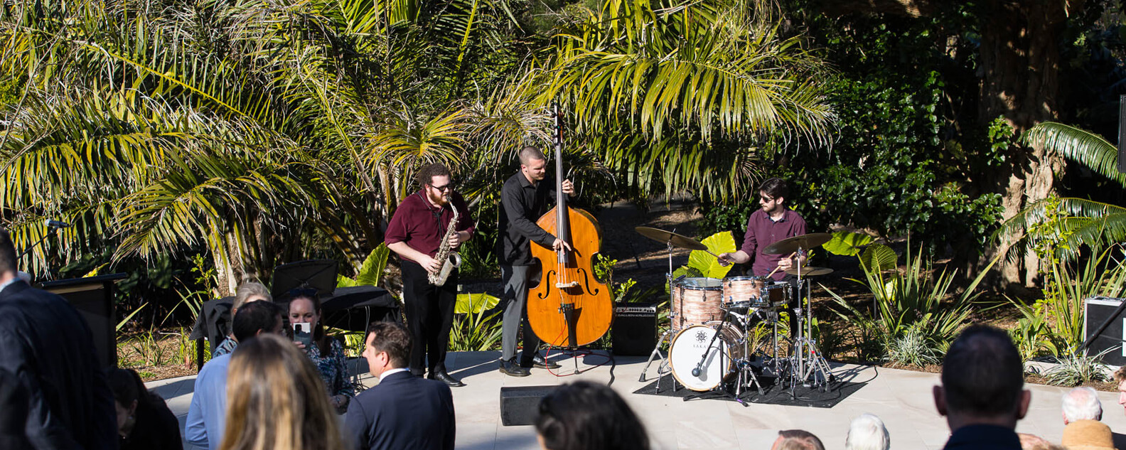 three musicians playing instruments in garden