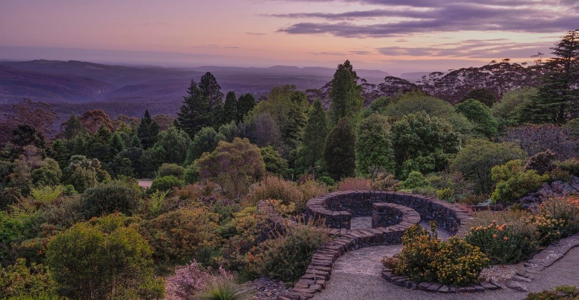 Meandering terraced garden with mountain views at sunrise
